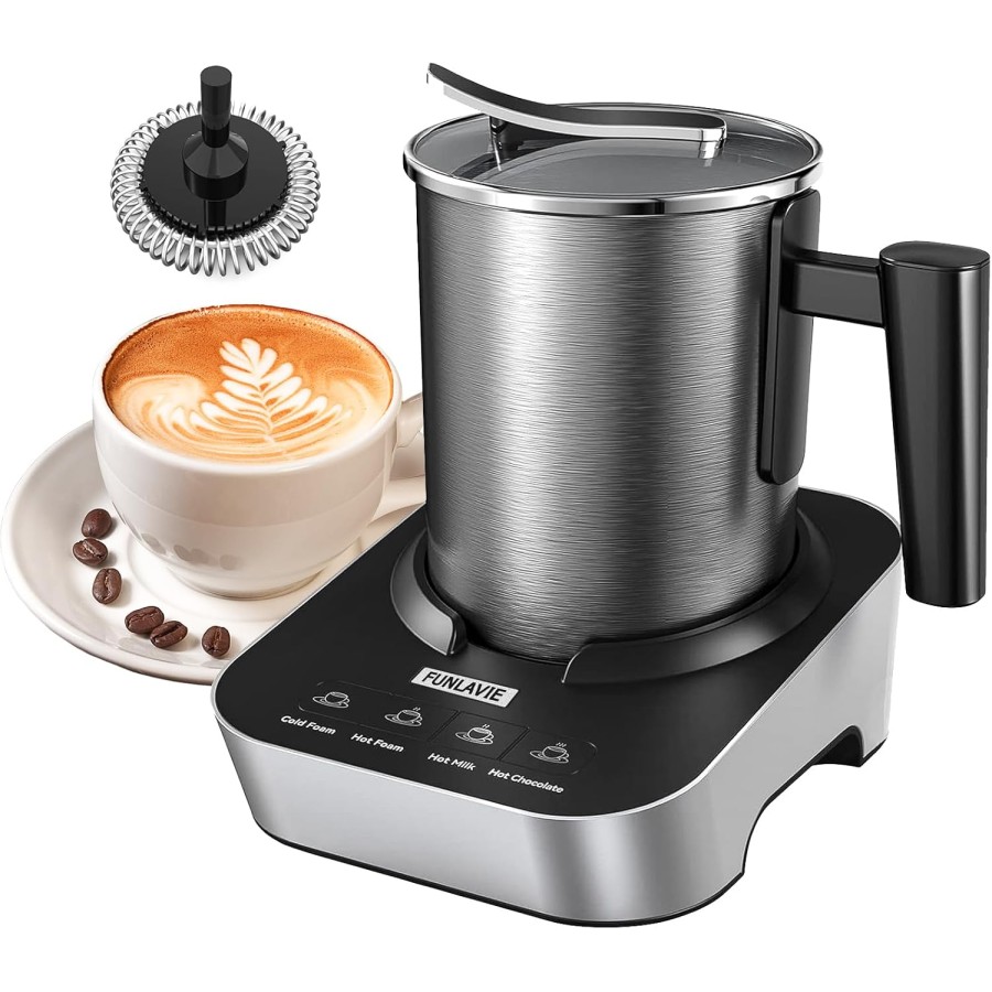 FUNLAVIE 4-in-1 Electric Milk Frother and Steamer, 400ml(13.5oz) Stainless Steel Pitcher with Auto Shut-Off, Hot & Cold Foam Maker and Milk Warmer for Lattes, Cappuccinos, Macchiato, Dishwasher Safe